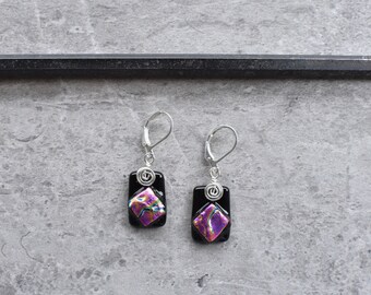 Magenta and Black Dichroic Glass Earrings