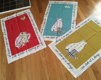 Lot of 3, Vintage Mid Century Modern Linen Kitchen Towels/Cats/Frog