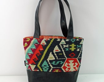 Lulu Medium Tote Bag - Fiesta with PU Gray Leather - READY to SHIP Purse Shoulder Straps 3 pockets Handbag Washable