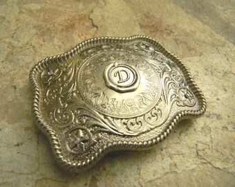 Monogram 3 Initial Personalized Silver Belt Buckle Western