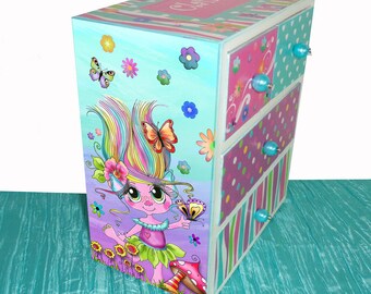 Personalized Jewelry Box Trolls Big Eyes Girl Turquoise, purple, pink & lime green