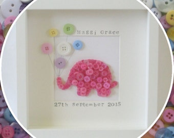 Handmade Personalised Baby Elephant Button Frame