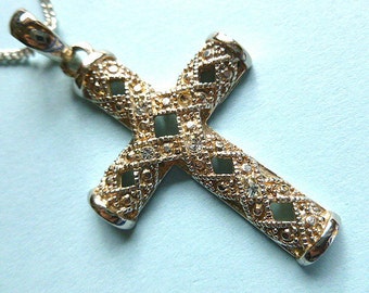 GOLD & SILVER Twotone Cross Pendant, Marcasite Cross with Rhinestones, Vintage Cross and Neck Chain, Silver Cross Necklace, Openwork Metal
