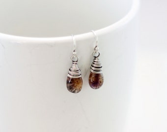 Moss Amethyst Earrings, Oxidized Sterling Silver Wire Wrapped Purple Amethyst Dangle Earrings February Birthstone