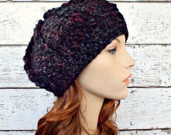 Crochet Hat Womens Hat - Oversized Monarch Ribbed Beret in Blackstone Black Maroon Charcoal Grey Crochet Hat - Womens Accessories