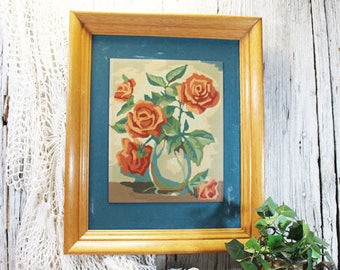 Paint by Number Roses in Oak Frame, Vintage PBN