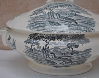French Country Ironstone Soup Tureen Blue and White Transferware