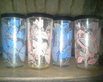 Vintage Drinking Glasses- Butterflies in blue or pink