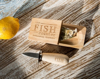 Custom Engraved Oyster Knife and Shucking Block | Personalized with Your Logo, Monogram, Date, or Birthday Gift Message