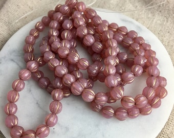 Pink Opal Dusty Rose Czech Glass Melon Beads, 6 mm, 1 mm hole, 25 beads per lot