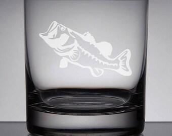 Fishing Rocks Glass, Etched Whiskey Glass, Father's Day Gift, Sandblasted Glass, Gift for Dad, Etched Whiskey Lowball, Bass Fishing Gift