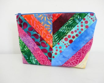 Quilted Cosmetic Bag, Batik Fabric Make Up Bag, Stand Up Style Cosmetic Pouch with Zipper