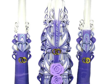 Set of wedding carved candles purple and white candles wedding gift young wedding gift Candles unity purple flowers hand made candles