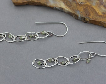 Long Green Prehnite Earrings, Chandelier Earrings, Long Chain Dangle Earrings Handmade Silver Chain, Sterling, Tiny Hand Cut Gemstones