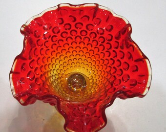 Beautiful Vintage Fenton Amberina Hobnail Glass Compote