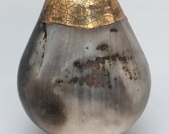 Smokefired ceramic pot with gold. Porcelain burnished vessel.