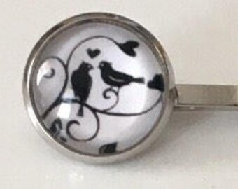Love Birds Bobby Pin Set, Silver Bobby Pin, Bird Bobby Pins, Black and White Photo,