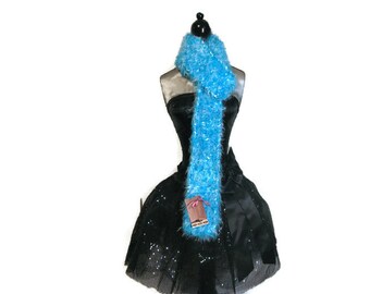 Turquoise and White Fuzzy Knitted Scarf "Falling Skies"