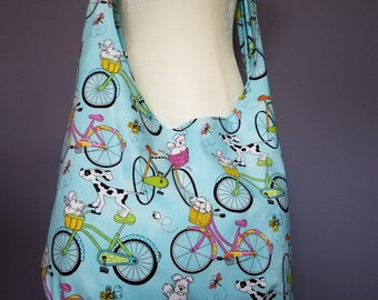 Cross Body, Fully Lined Beach Bag or Market Bag Animal and Bicycle Print