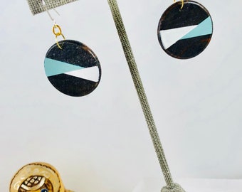 Geometric Wood Disc Earrings with Blue/Gray and White