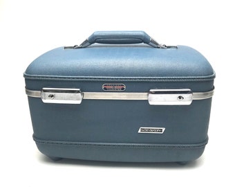 Vintage Blue Train Case - American Tourister Hard Shell Luggage - Carry On Suitcase - Cosmetics Case - Travel Makeup Case - Overnight Bag