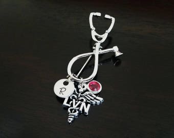 LVN Licensed Vocational Nurse Medical Stethoscope Handstamped Personalized Initial Letter Birthstone Graduation Gift CA TX Brooch Pin