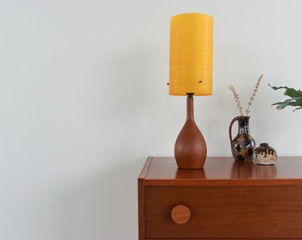 Vintage Small Teak Table Lamp with Amber Fibreglass Shade