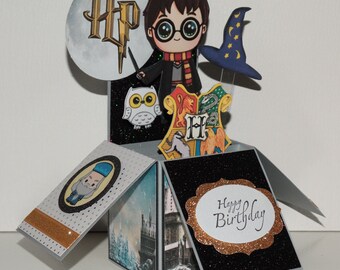 Harry Potter, Happy Birthday handmade 3D pop up greeting card, grey