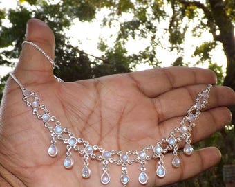 Rainbow Moonstone Necklace, Bezel Necklace, 925 Sterling Silver Necklace, Moonstone Jewellery, Natural Fire Rainbow, Fiery Moonstone Gift,