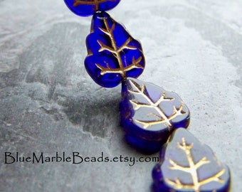 Glass Leaf Beads, Vintage Glass, Czech Glass Beads, Pressed Glass, Colbalt Blue, Boho Beads, Boho Chic, Rustic Beads, Leaf Bead, 12 Beads