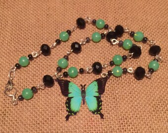 Butterfly Necklace, green Butterfly necklace, beaded butterfly necklace, butterfly pendant necklace, green and black necklace