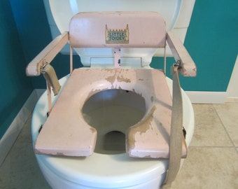 vintage potty chair, Little Toidey Seat, vintage potty training, 1950s child rearing, pink bathroom decor, garden decor, photo prop