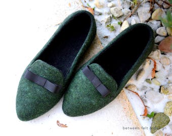 Pointy Flats Stylish Felted Slippers Women Felted slippers Green Slip-on Shoes Flat Ballerinas Rubber Soles Mom life present Fairytale-gift