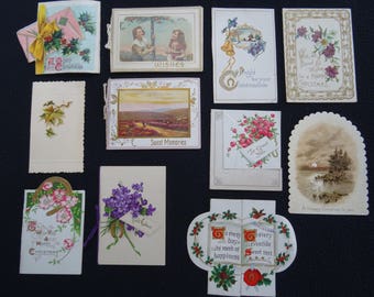11 x Antique Edwardian Pressed & Printed Christmas New Year Greeting Cards - c1910