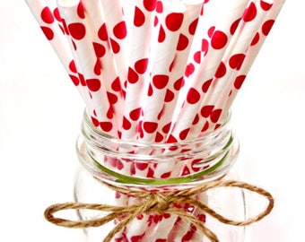 25 Red Polka Dot paper straws // baby bridal shower decorations / candy dessert buffet table // wedding // First birthday/new year party