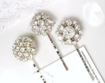 1, 2 OR 3 Antique Art Deco Rhinestone Bridal Hair Pin, Something Old 1920 Vintage Wedding Paste Bobby Pin,Silver Gatsby Hair Jewelry Downton