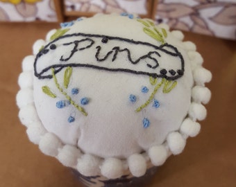 Hand Embroidered Pin Cushion 'Willow pattern'