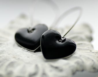 Black Heart Earrings, Enameled Earrings, Metal Earrings, Dangle Earrings, Black Wedding, Anti-Valentine