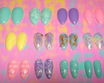 Ready to Ship | Mermaid Nails | Pastel Nails | Iridescent Nails | Nails | False Nails | Fake Nails | Beach Nails | Seashell Nails |