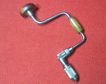 Vintage Merit Bit Brace Hand Drill 10" Swing Made In USA Hand Crank Wood Boring Tool