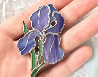 Stained Glass Iris Flower Brooch in Tiffany Technique, Spring Violet Flower Brooch, Lilac Iris Flower Art Glass Brooch, Flower Iris Jewelry