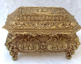 Ornate Gold Metal Jewelry Box Large Rectangular Jewelry Casket Roses Japan Bridal Jewelry Box Trinket Box Keepsake Box Storage DD 1352