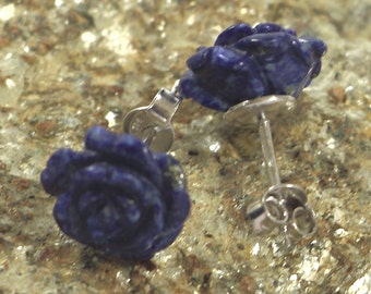 Genuine Lapis Lazzuli Stud Earrings - Silver Earrings - Sterling Silver 925 Earrings - 12 mm Carved Rose Earrings - Blue and Gold