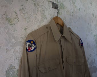 Vintage Army Shirt - 60s 70s Military Shirt Scout Shirt Khaki Patches Mens Small Medium