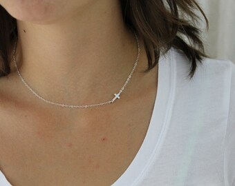 Sideways Cross Necklace, Gold Cross Necklace, Sideways Necklace, Dainty Cross Necklace, Cross Necklace Women, Layering Sterling Silver