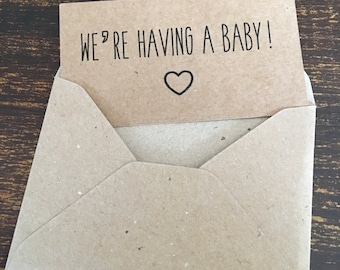 Pregnancy announcement cards, heart, pack of 10, recycled brown kraft card, vintage rustic style