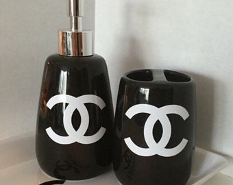 Black & white designer inspired logo bathroom soap pump + toothbrush holder set