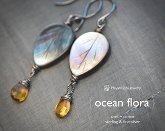 Ocean Flora - Shell and Citrine Dangle Sterling Silver Earrings