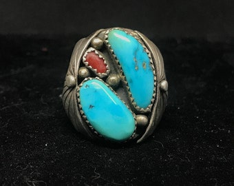 Vintage Old Pawn Sterling Silver Turquoise and Coral Ring MARKED Size 10