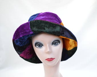 Vintage Velvet Patchwork Hat / 1970's Velvet Patchwork Hat / Vintage Hippie Boho Hat